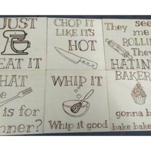 Handburned Funny Kitchen Sign 6 Piece Collection